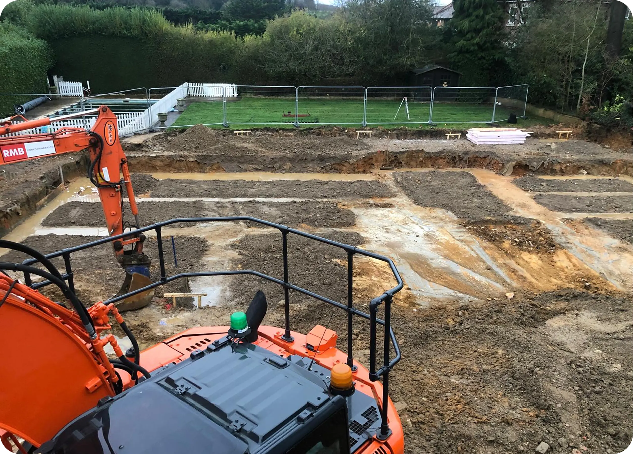Foundation excavation viewed from the excavator cab