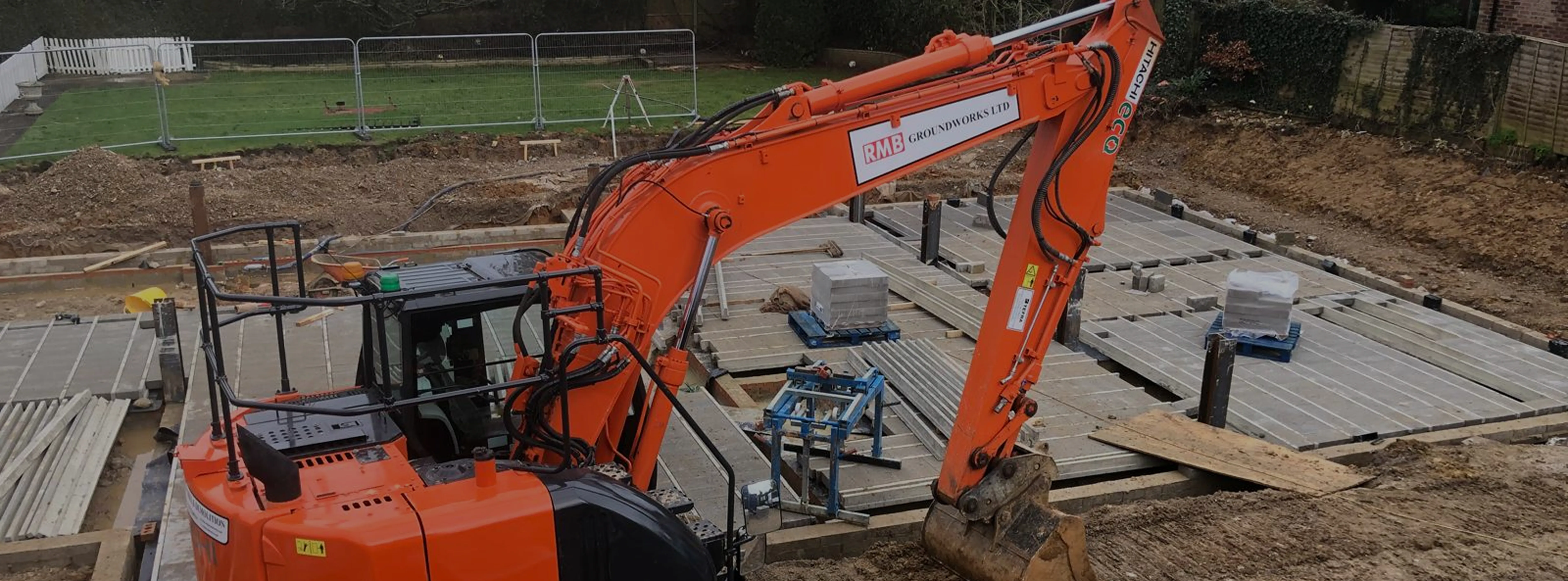 RMB Groundworks excavator working on a new-build foundation